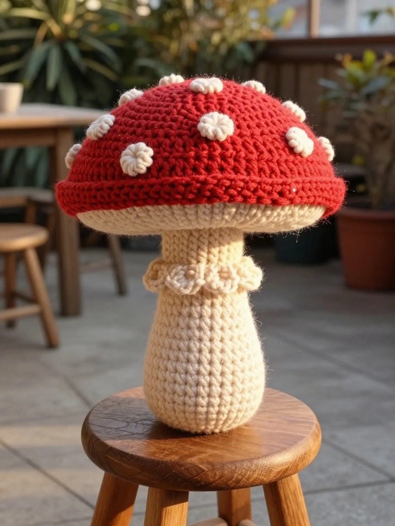 Handmade crocheted red mushroom plush with white spots on the cap and ruffled stem edge sits upright on a wooden stool surrounded by green plants on a sunny balcony.
