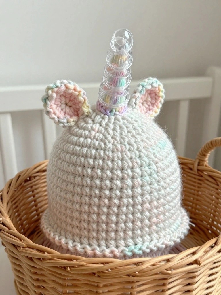 White crocheted unicorn baby hat with clear spiral horn containing rainbow stripes and pastel floppy ears, sitting in a wicker basket near crib bars.