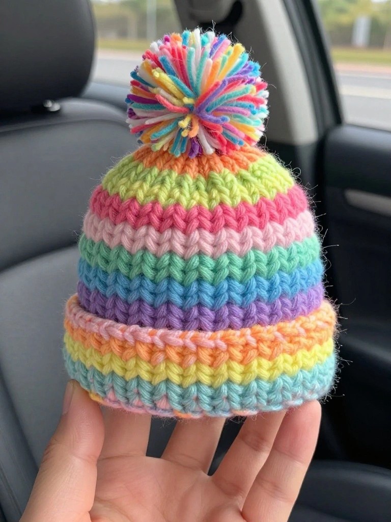 Small crocheted beanie with rainbow stripes and matching pom-pom held in a hand on a car seat.