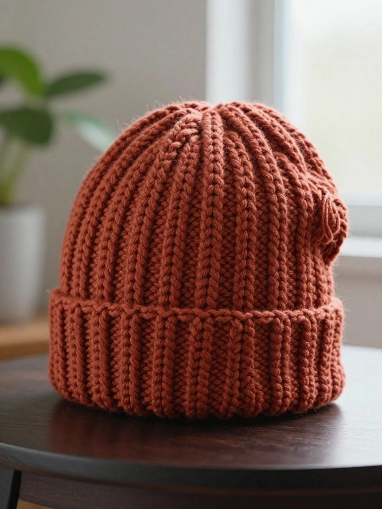 Rust-colored chunky crochet beanie with vertical ribbing and a matching flower applique on the side, sitting on a wooden table by a window.