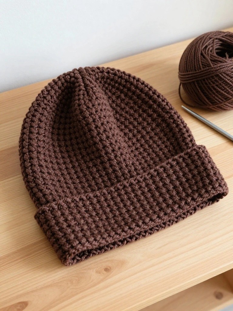 A handmade brown crochet beanie with bumpy texture sits on a wooden table next to a matching yarn ball and crochet hook.