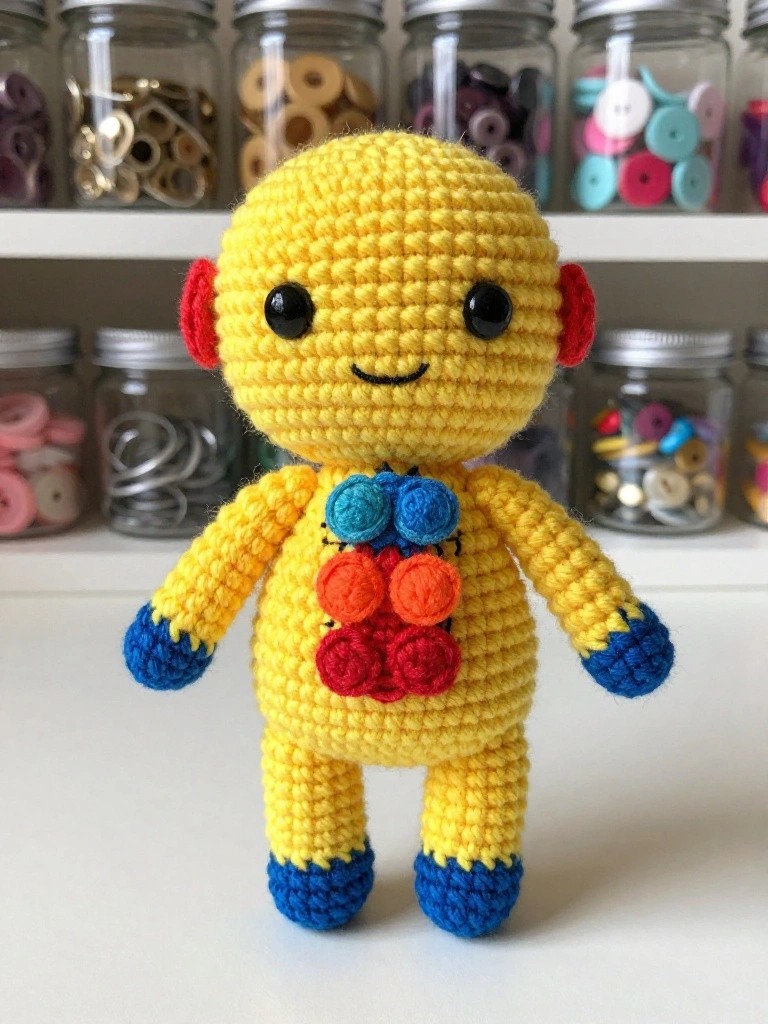 Handmade yellow crocheted robot amigurumi with big eyes, red ears, blue arms and legs, and orange blue and red buttons on the chest, displayed against shelves of buttons and craft jars.