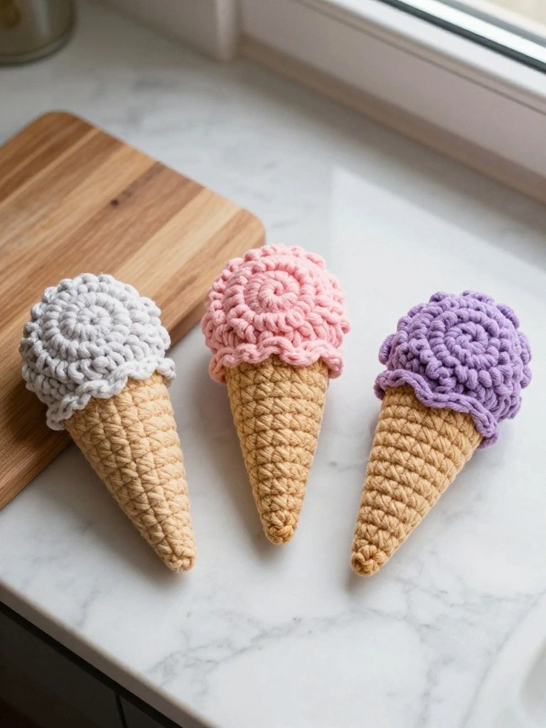 Three crocheted ice cream cones in gray, pink, and purple on a wooden cutting board in a bright kitchen.