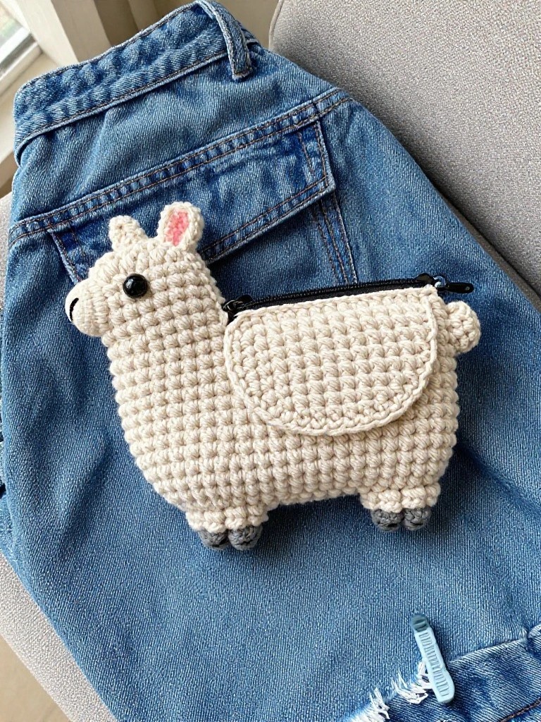 Cream crochet llama pouch with pink ears, black eyes, and side zipper, tucked into the pocket of light blue jeans on a gray couch.