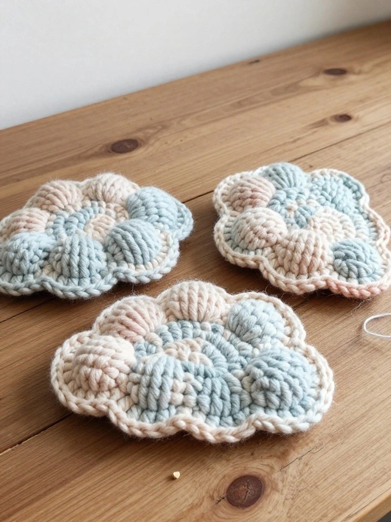 Three crocheted cloud-shaped coasters with bobble texture in aqua, blush pink, and cream yarns on a wooden table, one showing a needle and yarn tail.