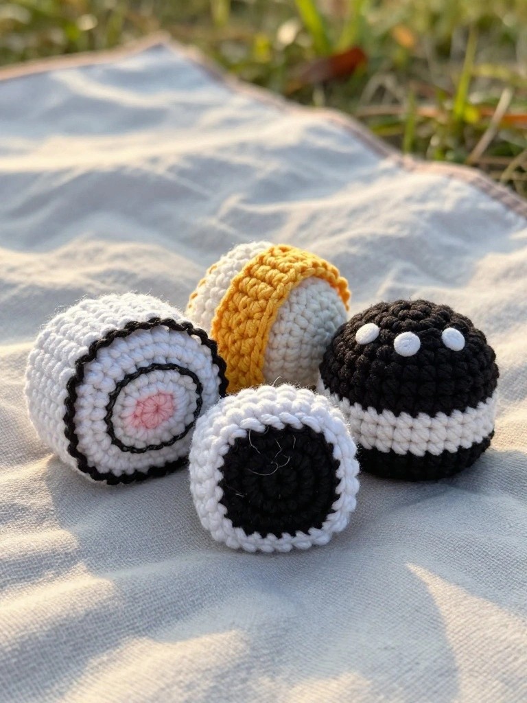 A set of small crocheted stuffed sushi replicas including maki rolls, nigiri, and balls in white, black, yellow, and pink on a picnic mat in the grass.