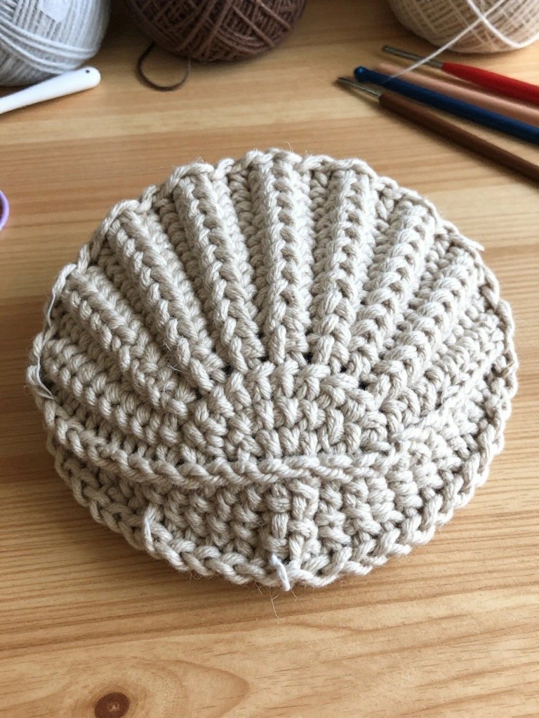 A cream-colored crocheted scallop shell-shaped coaster with radiating textured ridges sits on a wooden table surrounded by yarn balls, crochet hooks, and colored pencils.