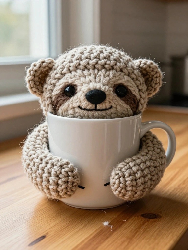 A crocheted beige sloth with brown facial stripes and a fuzzy beanie hugs a white ceramic mug on a wooden kitchen counter.