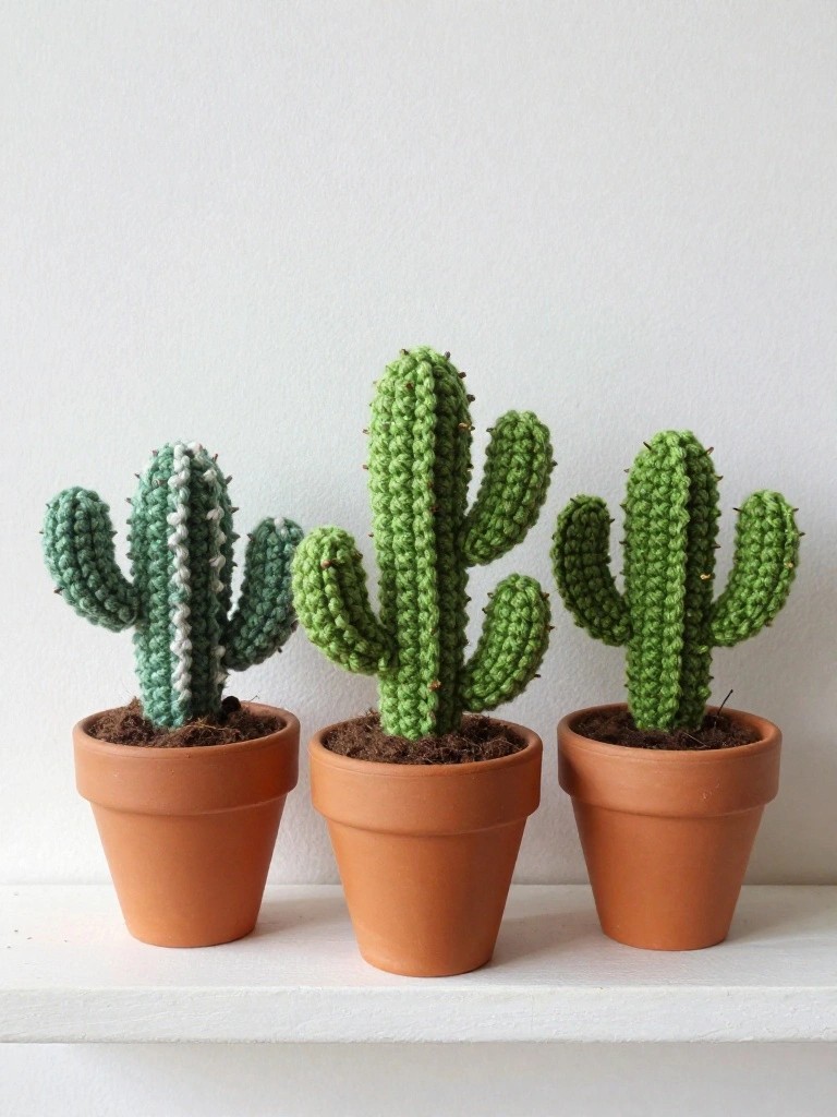 Three green crochet cacti with fuzzy textures and spikes in terracotta pots filled with soil, arranged on a white shelf.