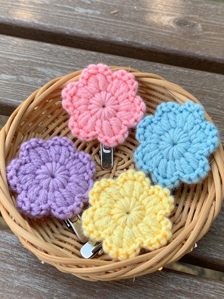 Wicker basket on a wooden table filled with four fuzzy crochet flower hair clips in pink, purple, light blue, and yellow.