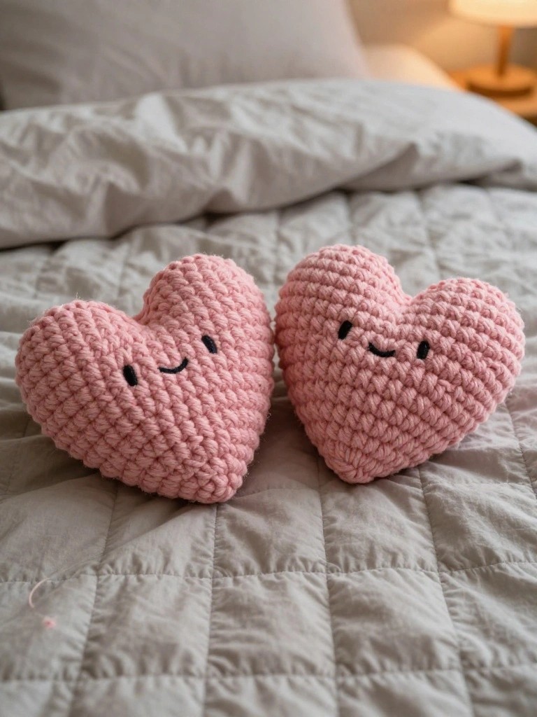 Two pink crochet hearts with smiling faces sit on a gray bed, one with a trailing yarn end.