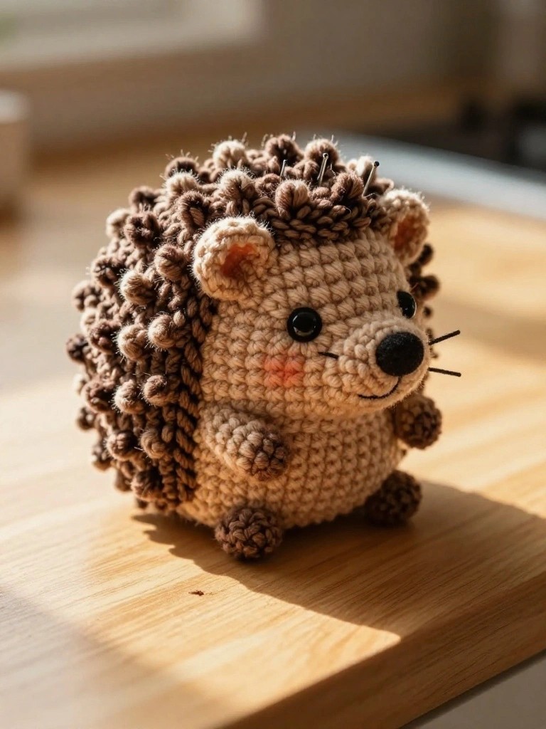 Close-up of a small crocheted hedgehog with cream body, brown spiky quills, big black eyes, and pink nose sitting on a sunlit wooden table.