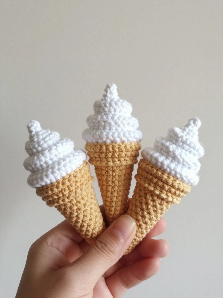 A hand holds three small crocheted ice cream cones with fluffy white swirled scoops atop textured tan bases.