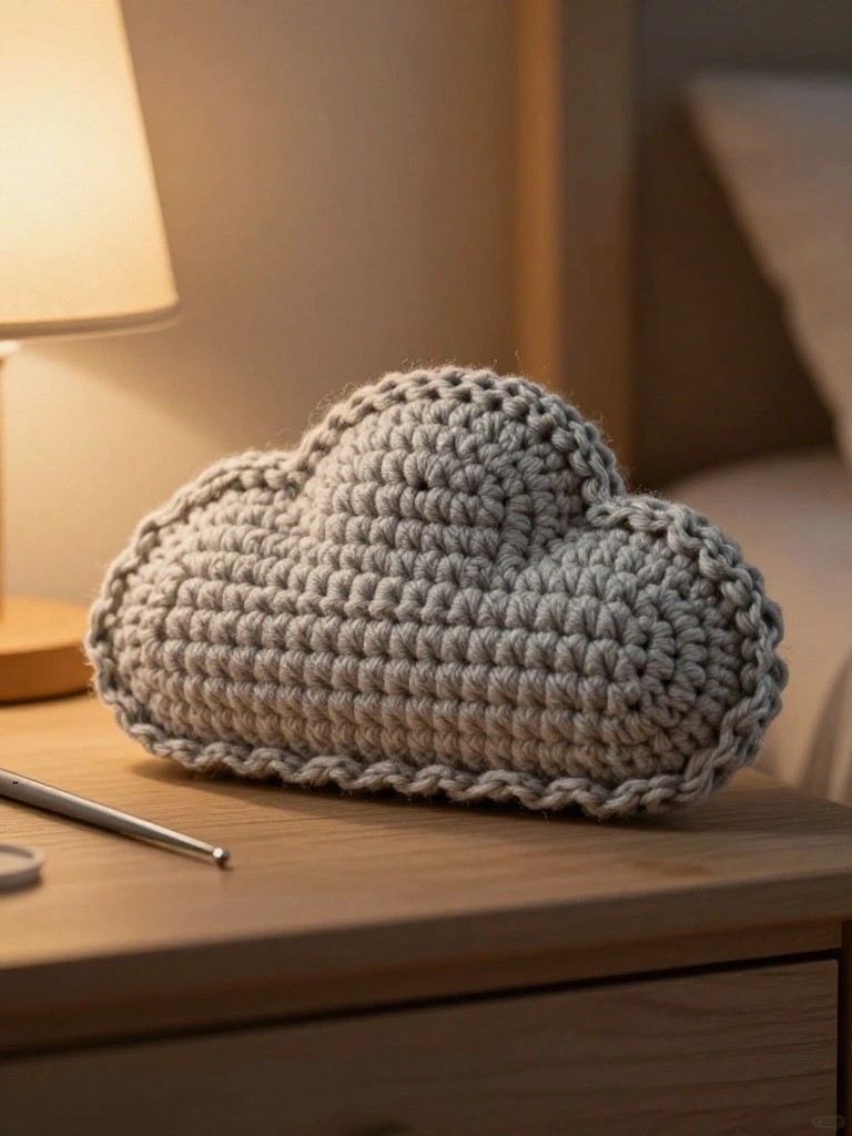 Gray crocheted cloud-shaped pillow on a wooden nightstand next to a lit lamp, crochet hook, yarn needle, and bed frame in soft bedroom lighting.