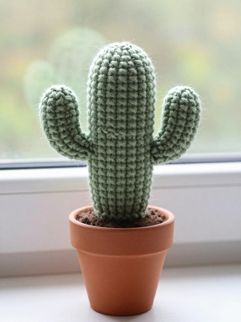 Close-up of a fuzzy green crocheted cactus with outstretched arms planted in a small terracotta pot on a windowsill.