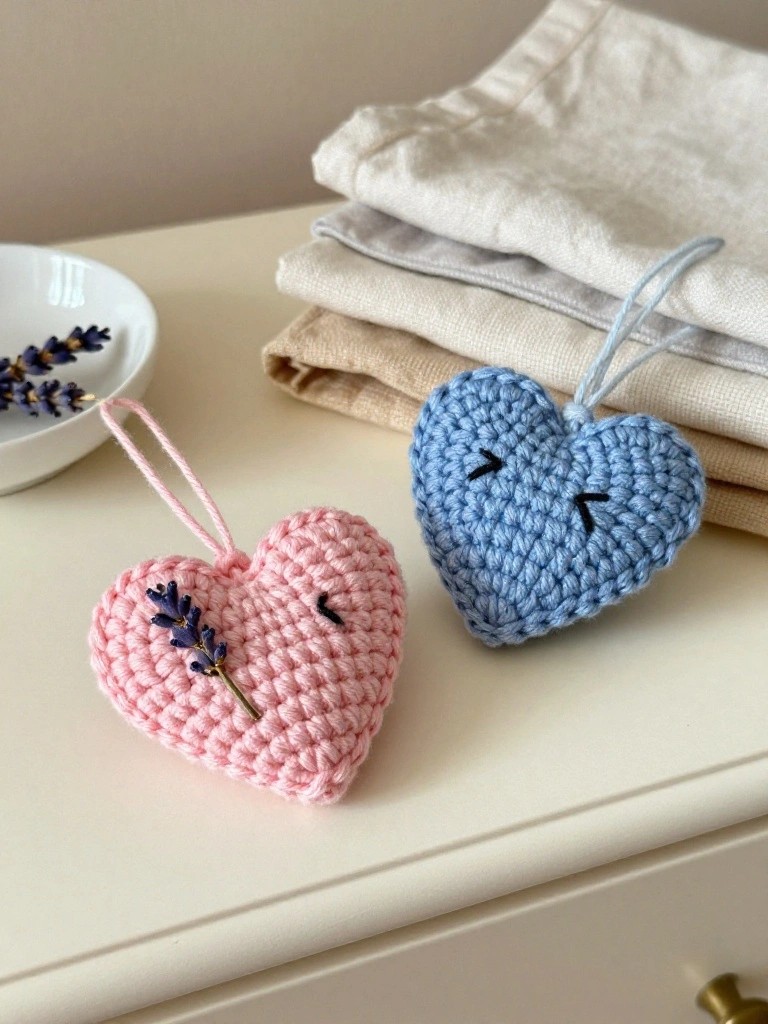 Two stuffed crocheted heart ornaments in pink and blue with sleepy embroidered faces and hanging loops, the pink one filled with lavender sprigs, displayed on a dresser next to linen stacks and a dish of lavender.