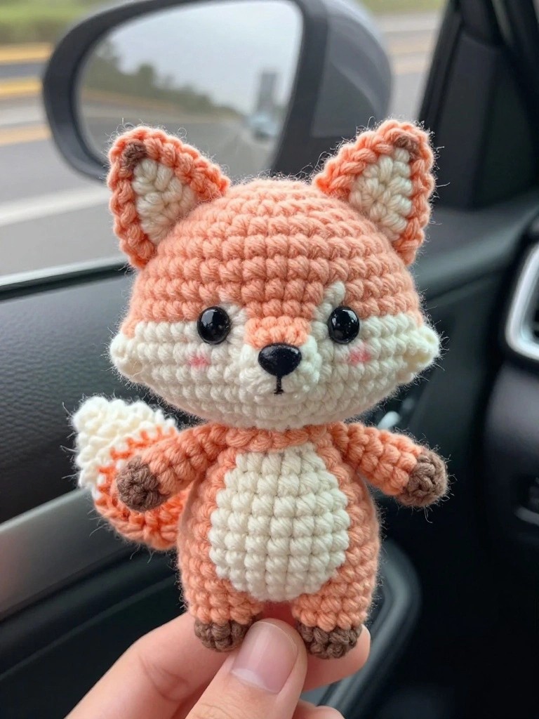 Small orange crocheted fox plush with white accents sits on a car dashboard near the side mirror, held by a hand, with a highway visible outside the window.