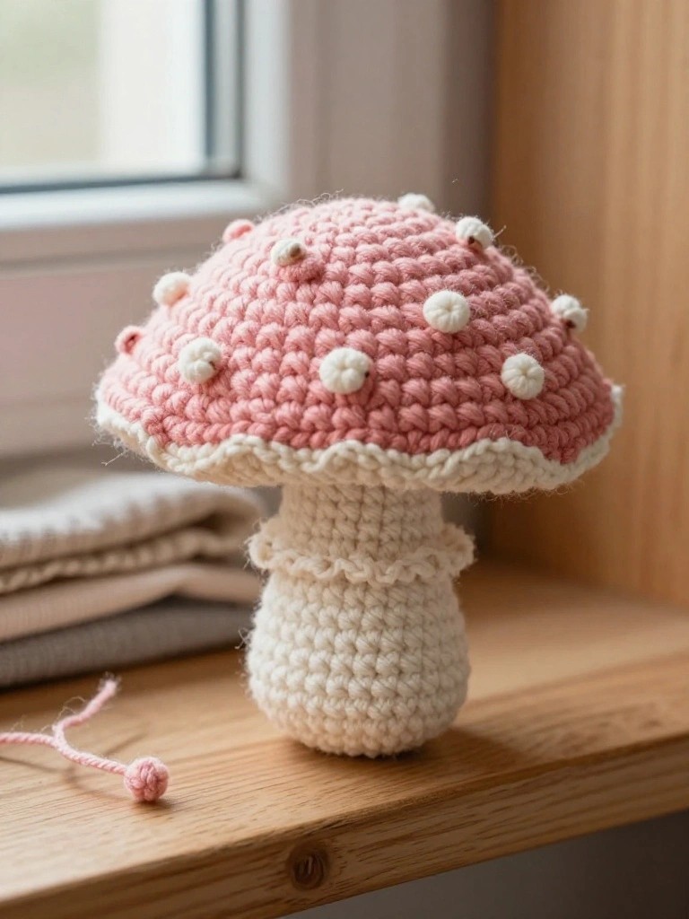 Handmade crocheted pink mushroom plush with white bobble spots and ruffled white stem on a wooden windowsill next to folded fabrics.