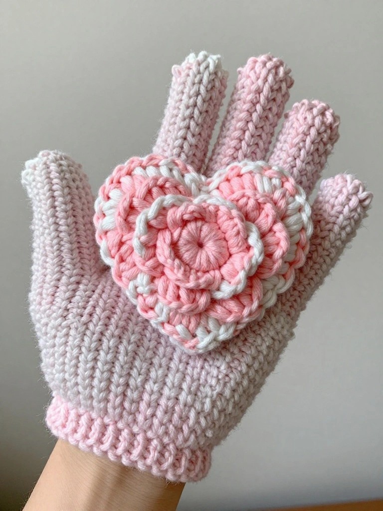 Close-up of a handmade pink and white crocheted fingerless glove displaying a textured heart applique on the back, held palm-forward on a hand.