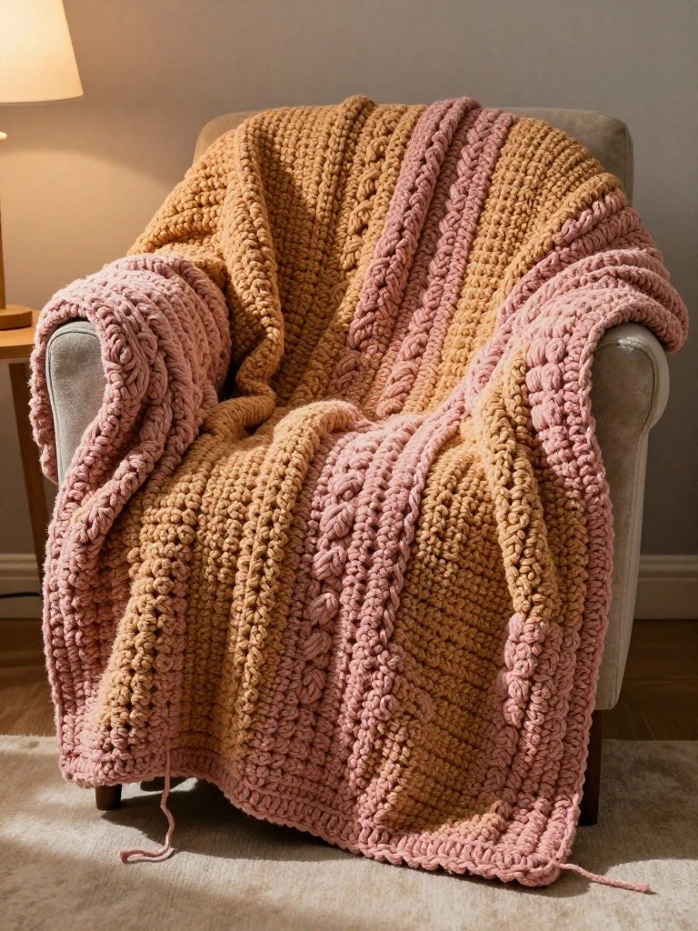 Chunky crochet throw blanket with pink, peach, and orange braided cable stripes draped over a cream armchair beside a lamp in a softly lit room.