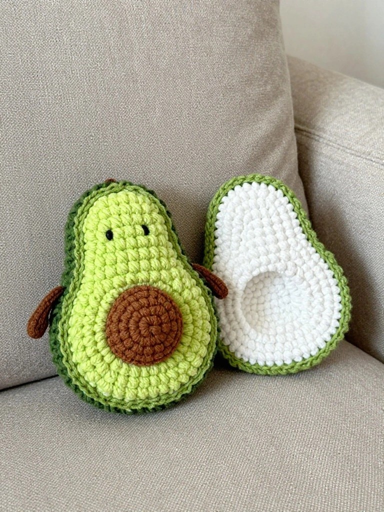 Crocheted plush avocado toy split open to show green skin, white interior, and brown pit, posed on a light couch with a faced whole version nearby.