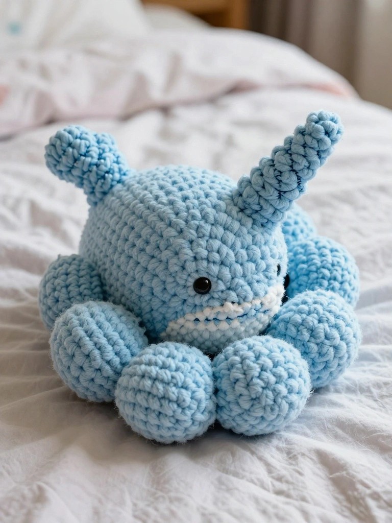 Blue crocheted plush toy with a unicorn horn, smiling face, and octopus tentacles sits on a white bed.