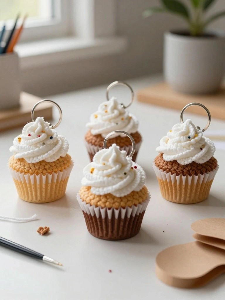 Four crocheted cupcakes in yellow and brown with white swirled frosting, colorful bead sprinkles, and metal keyrings on top, arranged on a wooden table near pencils, a plant, and craft tools.