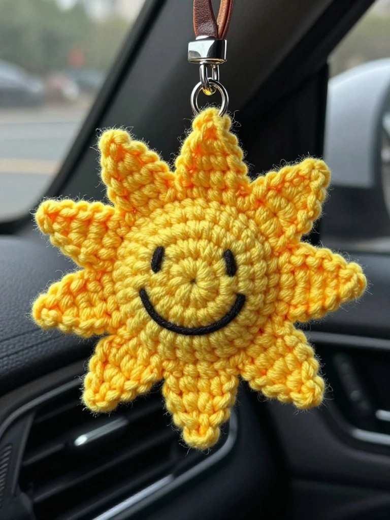 Handmade yellow crocheted sun with smiling face and rays hanging from a car rearview mirror on a leather strap and metal clip.
