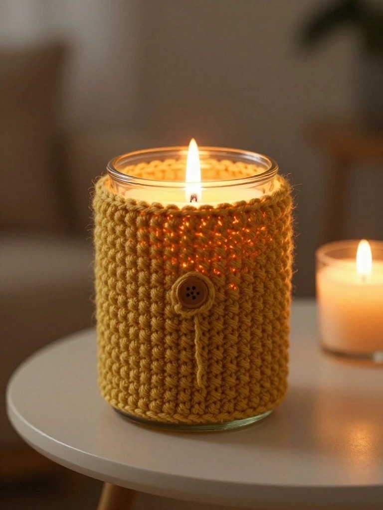 Close-up of a lit glass jar candle inside a handmade yellow crocheted sleeve with fuzzy texture and a button detail, next to a small white candle on a white table.