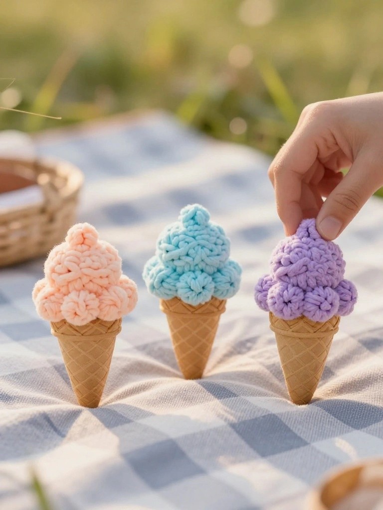 Three plush crochet ice cream cones in peach, blue, and purple on a picnic blanket, with a hand holding up the purple one beside a basket.