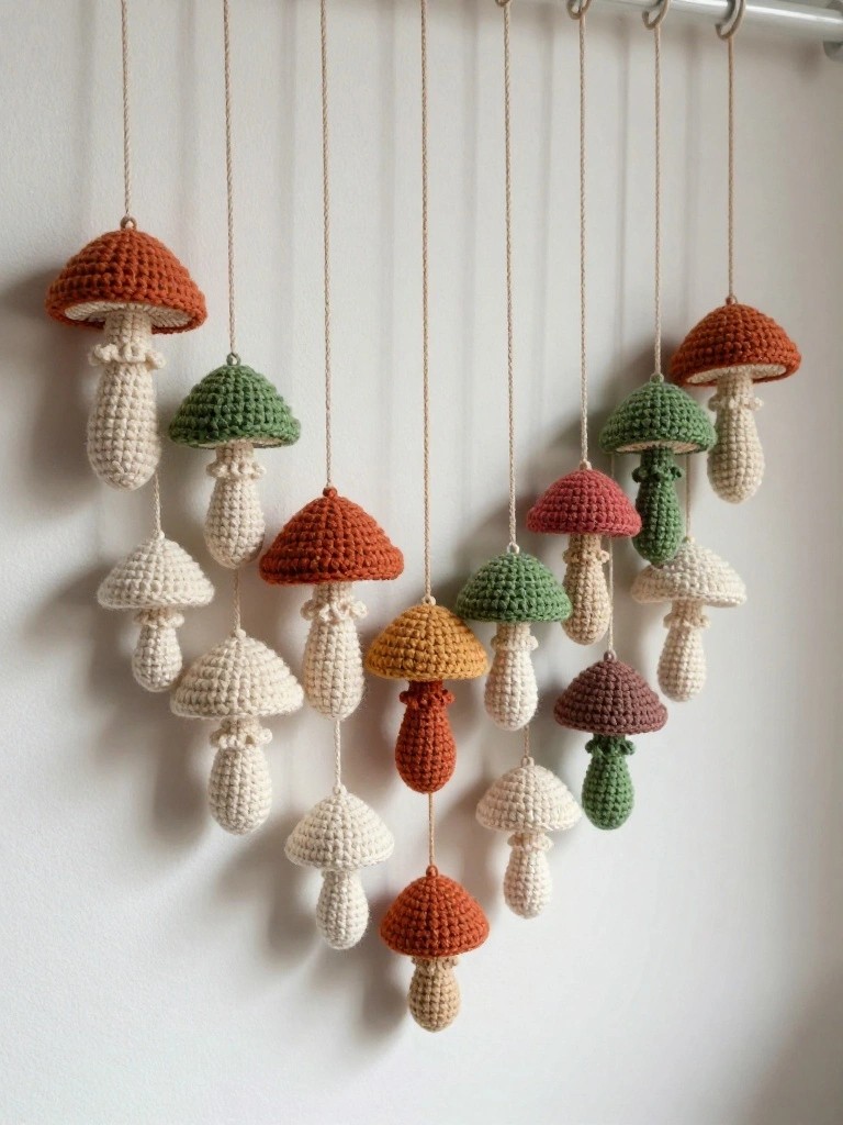 Heart-shaped garland of crocheted mushrooms in rust, green, cream, and brown tones hanging from knotted ropes on a metal rod against a white wall.