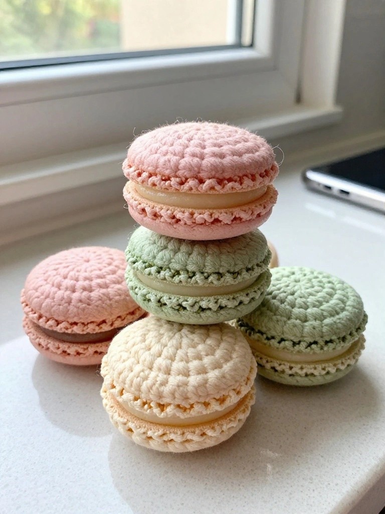 Stack of five small crocheted macarons in pink, green, and cream pastels arranged on a white surface by a window.