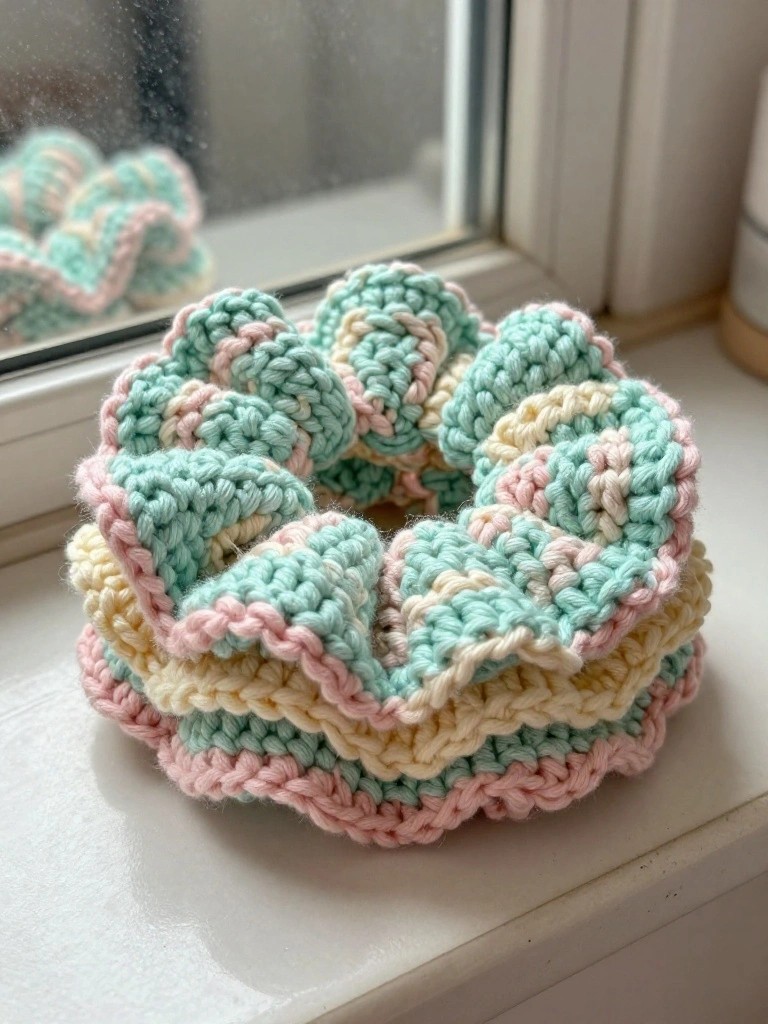 Handmade crochet scrunchie with pastel mint green, pink, and cream stripes and ruffled wavy edges sits on a sunny windowsill.
