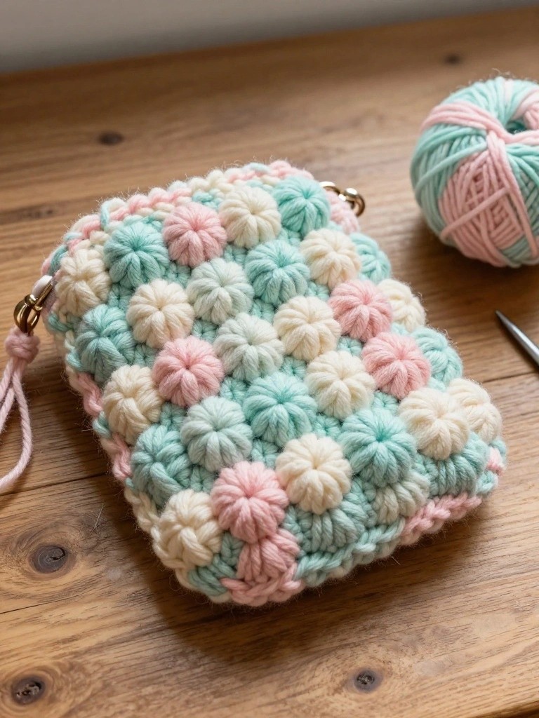 Rectangular crocheted pouch in mint green with pink and white bobble stitches and a gold chain strap on a wooden table next to yarn balls and a crochet hook.
