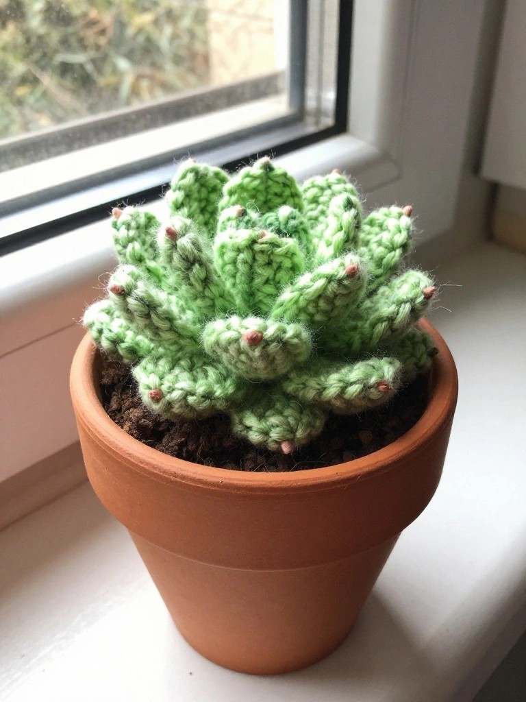 Crocheted green succulent with fuzzy leaves and pink tips planted in a terracotta pot on a windowsill.