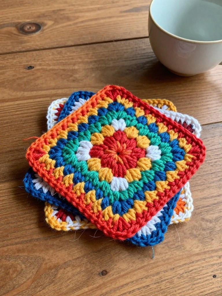 Stack of four colorful crochet granny square coasters in rainbow hues on a wooden table beside a white mug.