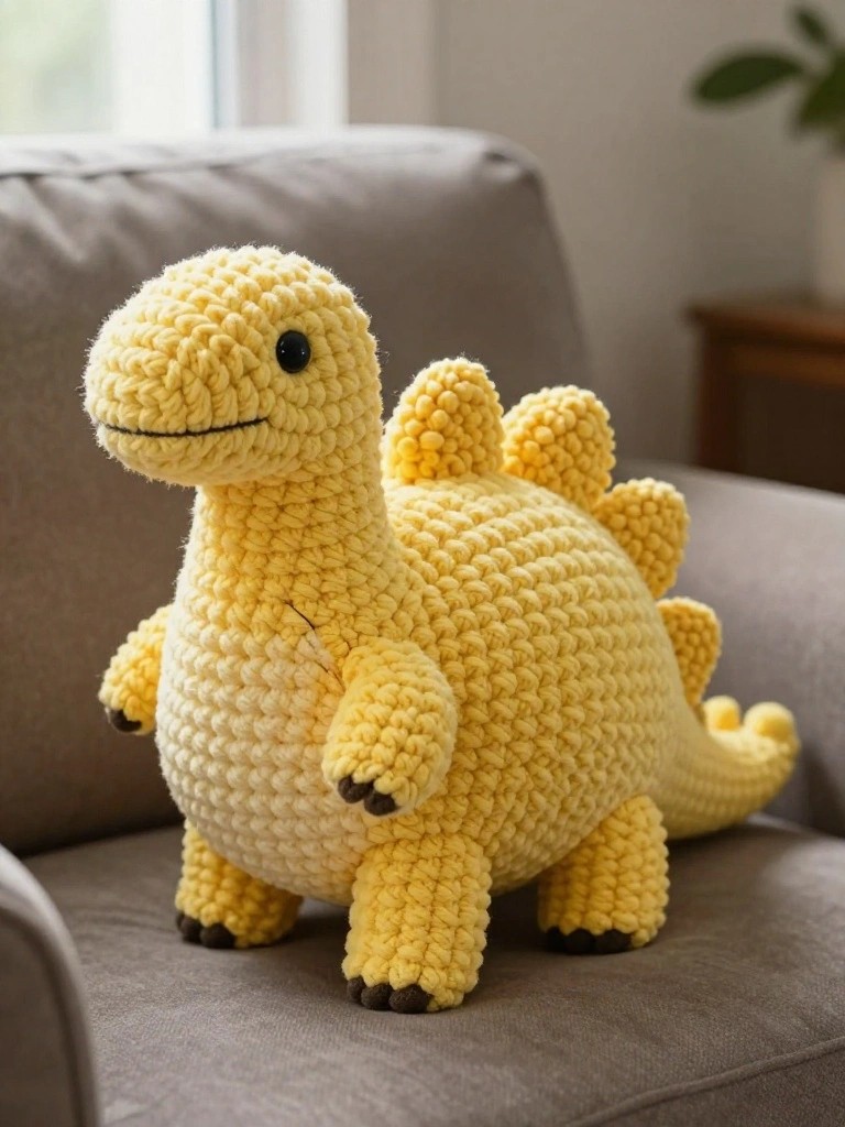 A handmade yellow crochet stegosaurus plush toy with back spikes sits on a gray couch, showing its round body, short limbs, and smiling face.