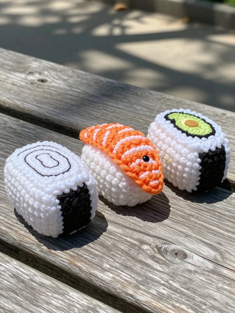 Three plush crocheted sushi items—a plain white rice block, salmon-topped nigiri, and avocado maki roll—arranged on a wooden picnic table outdoors in sunlight.