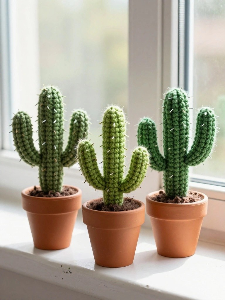 Three green crocheted cacti in varying shapes and sizes sit in small terracotta pots on a sunlit windowsill.