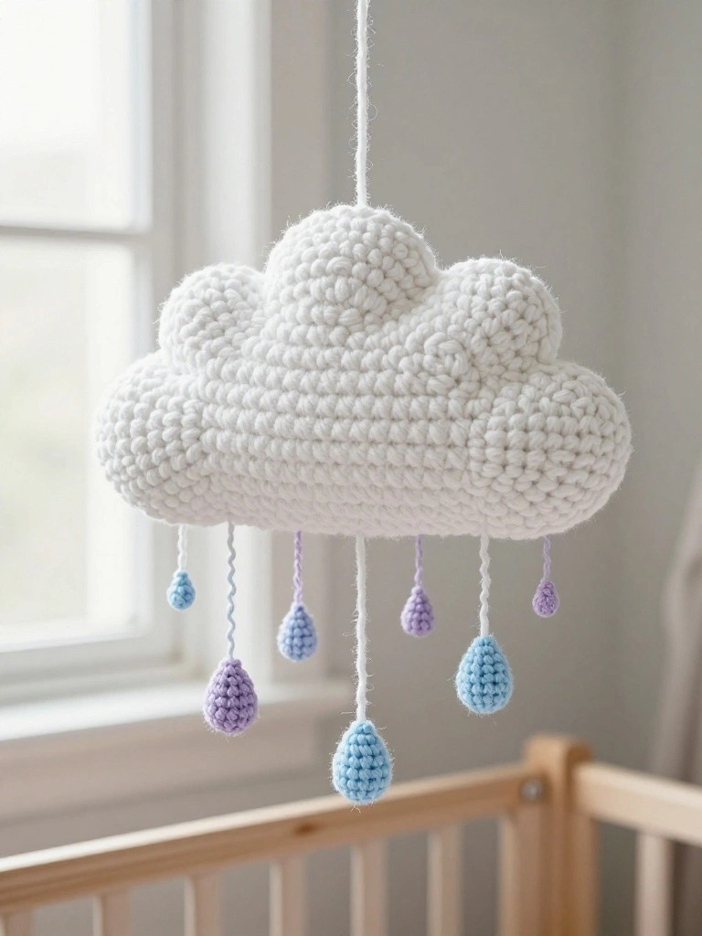 Crocheted white cloud mobile with purple and blue raindrops dangling from strings, hanging in a nursery near a wooden crib.