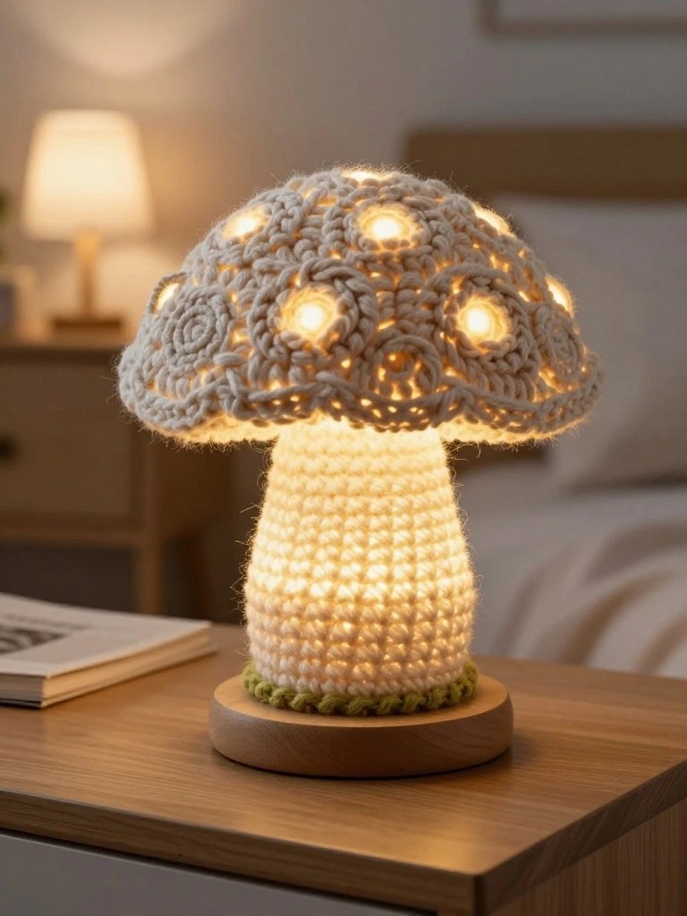 Crocheted white mushroom lamp with glowing lights shining through textured yarn on a wooden base next to a book on a nightstand