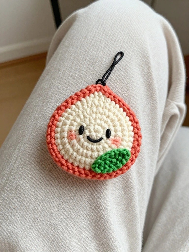 Close-up of a handmade crocheted peach keychain with smiling face, orange rim, green leaf, and clip attached to a white sweater sleeve