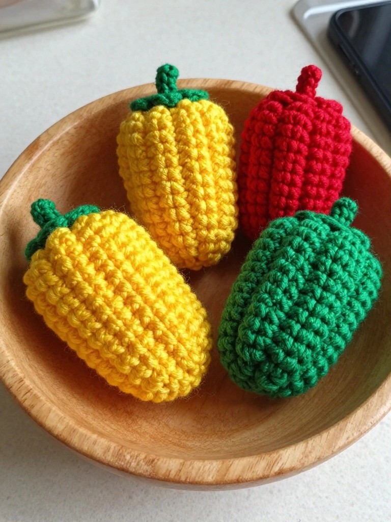 Four small crocheted peppers in yellow, red, and green sit together in a wooden bowl on a white table.