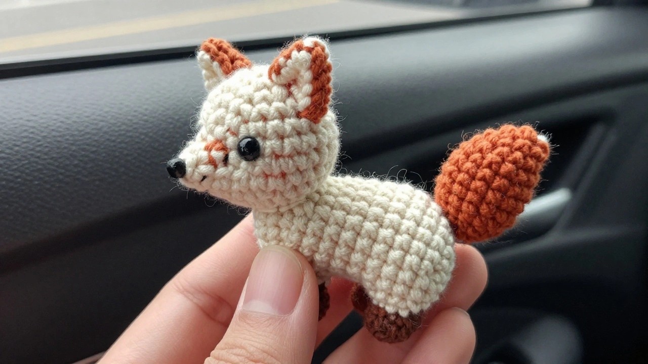 Close-up of a tiny handmade crocheted fox in rust orange and white dangling from a keychain inside a car, showing plush texture and black button eyes.