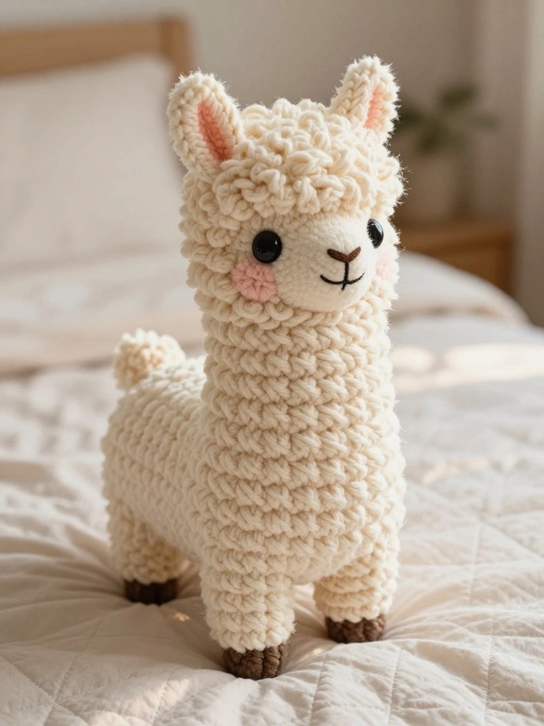 Fluffy off-white crochet llama plush toy with big black eyes, pink cheek blush, and curly yarn texture, posed on a bed.