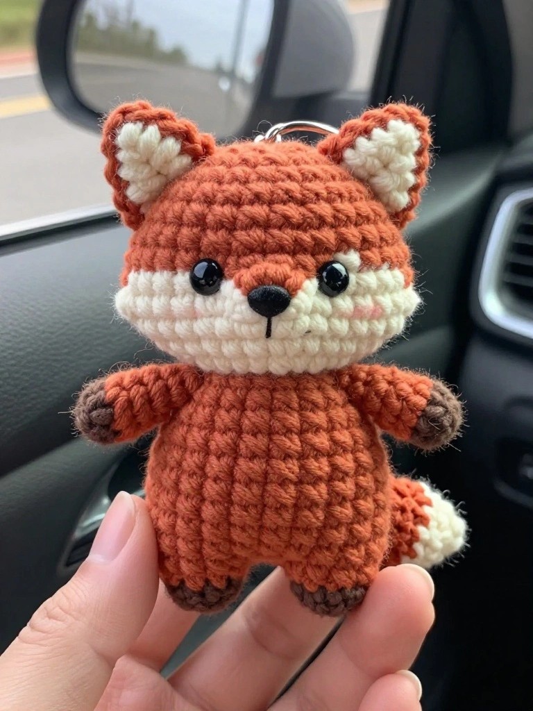Close-up of a tiny handmade crocheted fox in rust orange and white dangling from a keychain inside a car, showing plush texture and black button eyes.