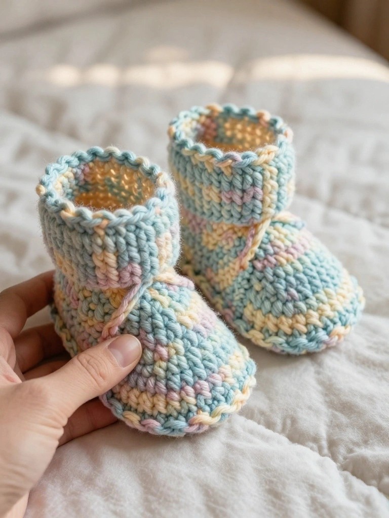 Hand holding a pair of small crocheted baby booties with teal, pink, and yellow stripes, scalloped cuffs, and plush texture on a white bedsheet.