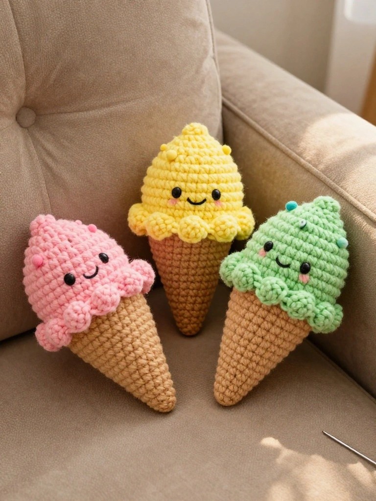 Three plush crocheted ice cream cones in pink, yellow, and green scoops with happy faces on tan textured cones, arranged on a beige couch with a crochet hook nearby.