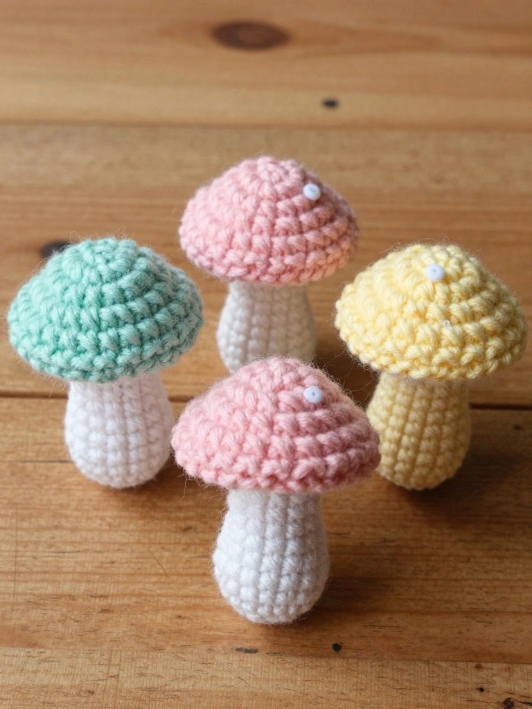 Four tiny crocheted mushrooms in pastel pink, green, yellow, and white with white dotted caps on a wooden table