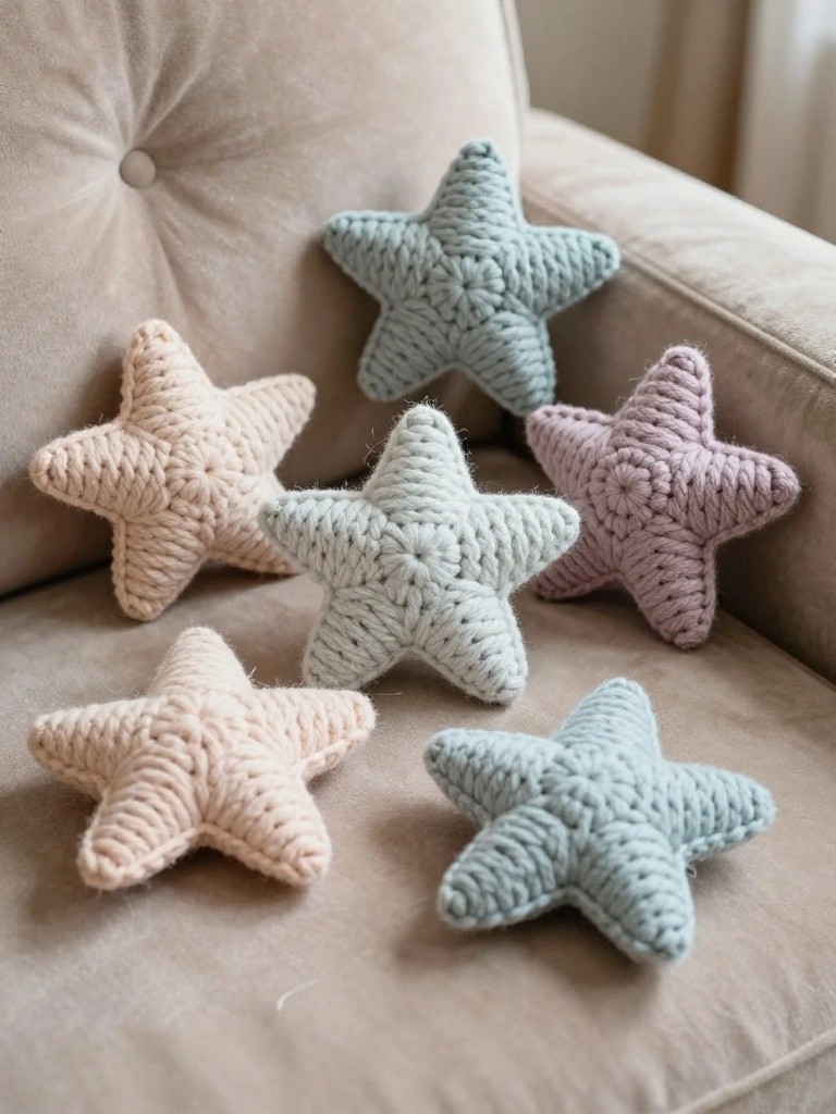 Five crocheted star plushies in pastel blue, peach, white, and lavender arranged on a beige tufted chair.